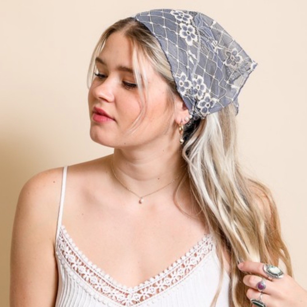 BOHEMIAN DUSTY BLUE FLORAL LACE FASHION HEADSCARF - Picture 3 of 3